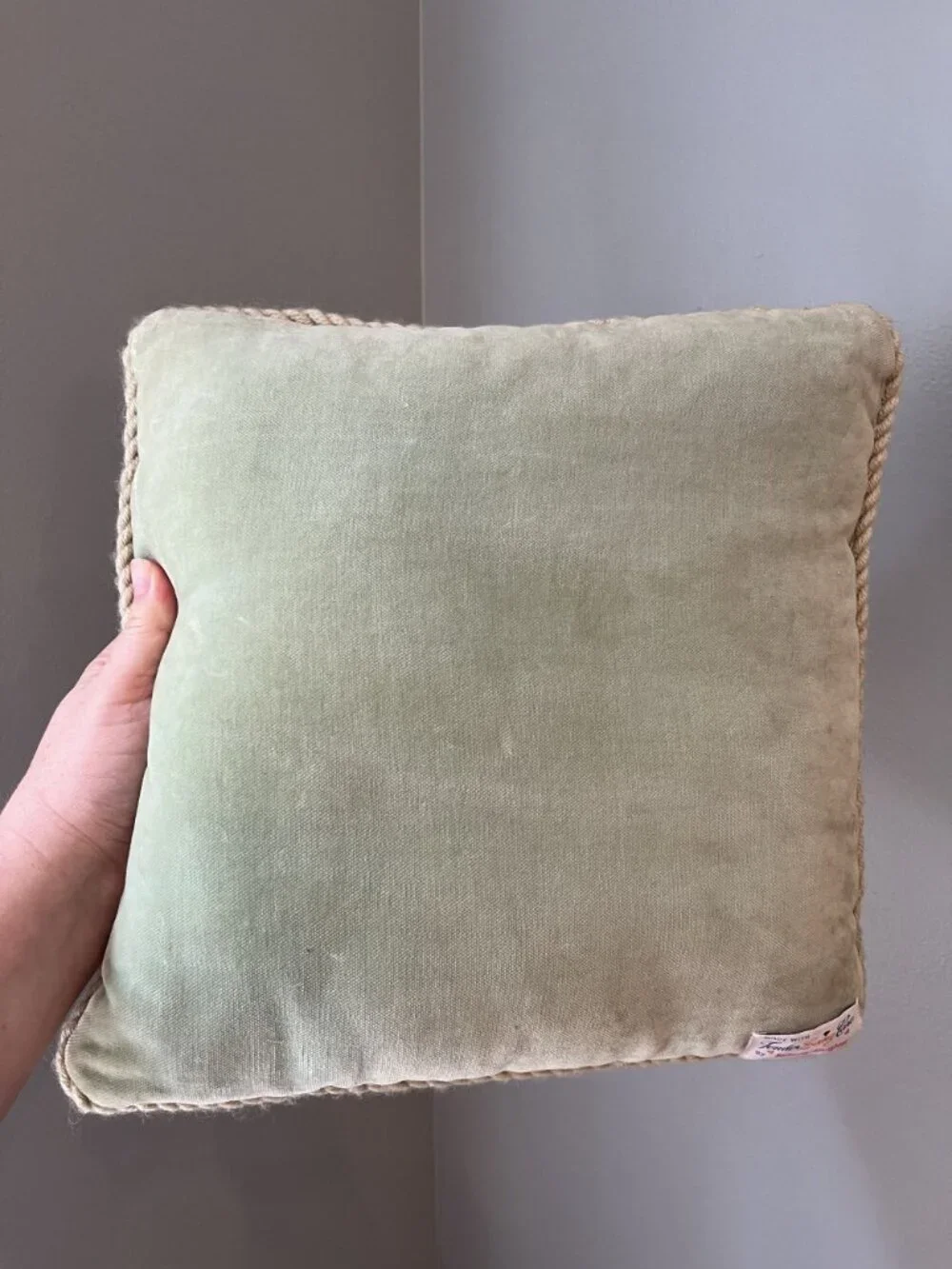 Vintage Floral Needlepoint Throw Pillow With Rope Trim & Green Velvet 12